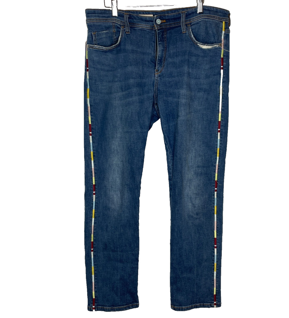 Women's 31 Pilcro Slim Boyfriend Crop Dark Wash Embroidered Jeans Boho